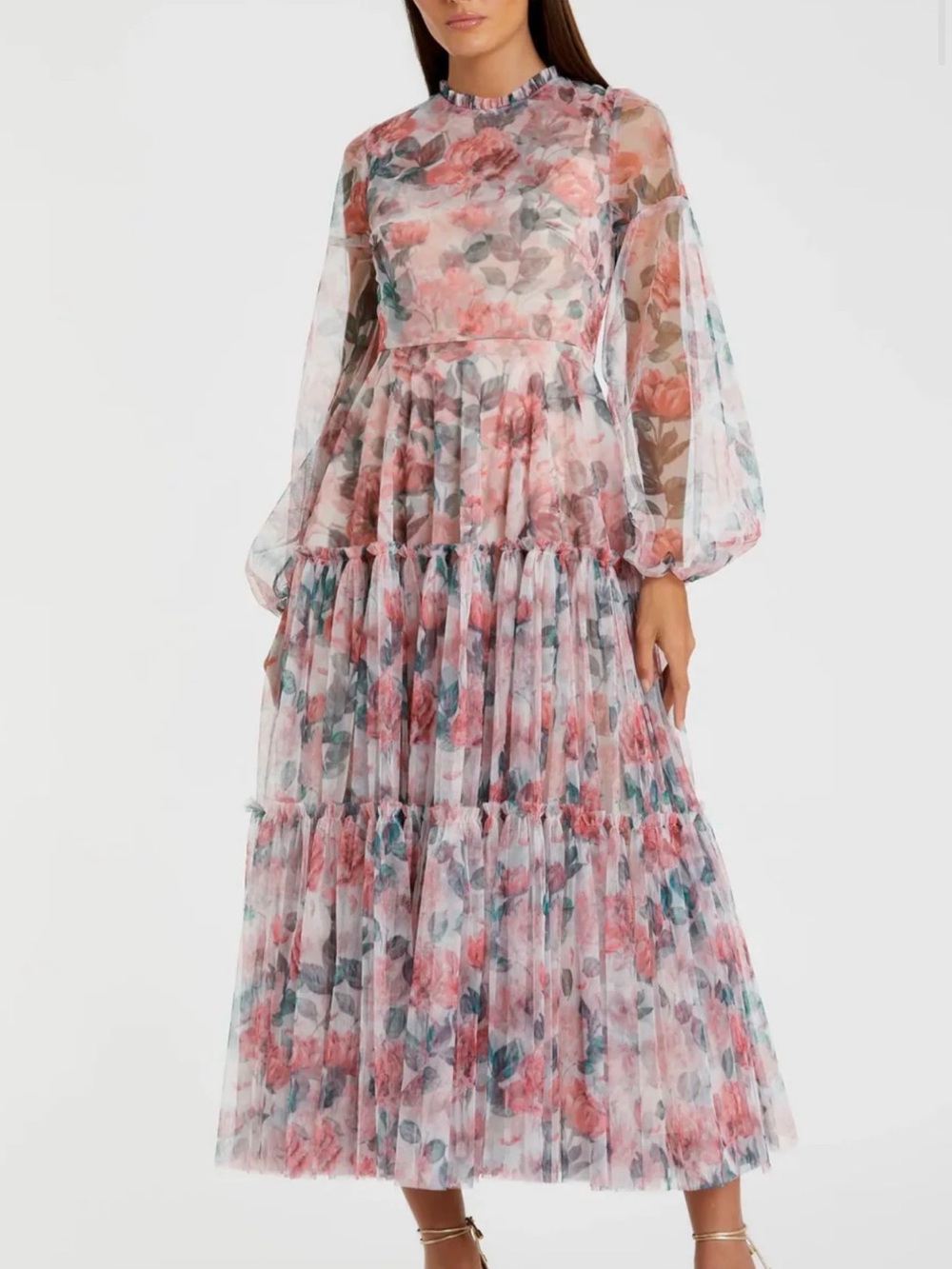 NWT Mac Duggal Multicolor Floral High Neck Balloon Sleeve Midi Dress Size 20